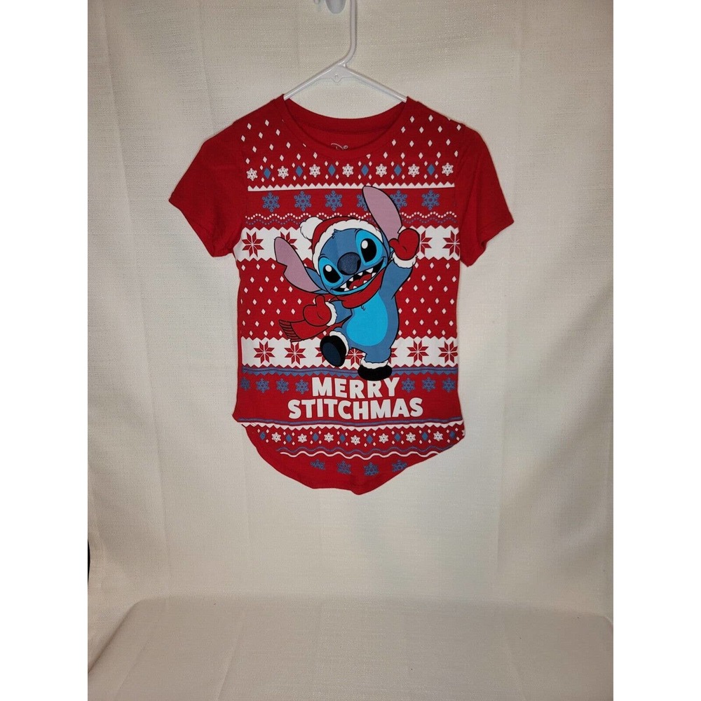 Junior's Lilo & Stitch "Merry Stitchmas" Christmas Shirt Tee Red- Size XS